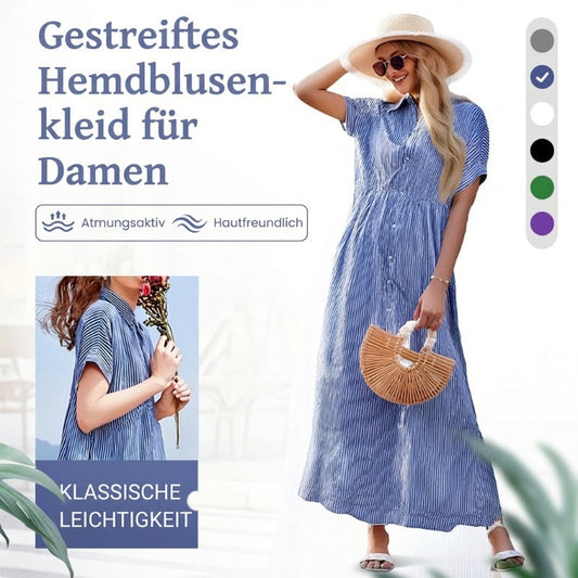 👗 50% RABATT! 💃 Damen V-Ausschnitt Revers Gestreiftes Langes Hemdkleid – Vielseitig, Knopfleiste & Bequemer Schnitt 🌸