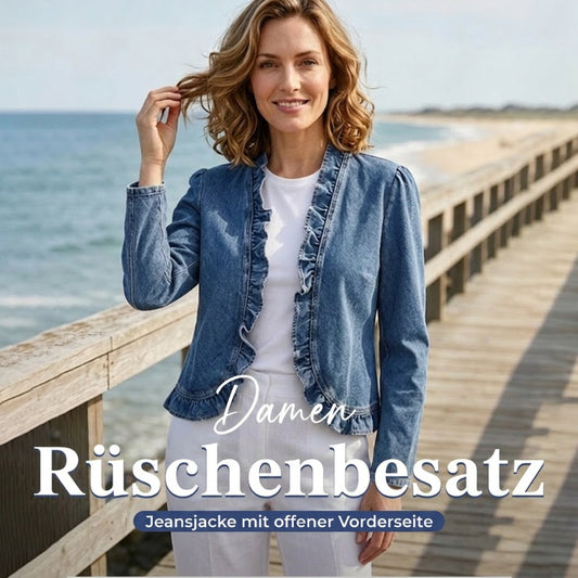 📢📢50 % RABATT !! ⏰Damen-Jeansjacke mit Rüschenbesatz und offenem Vorderteil – Leicht und feminin – Vielseitig und schick