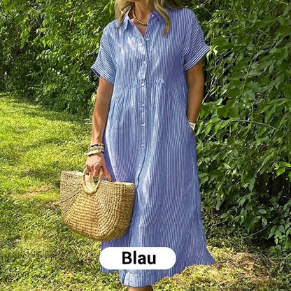 👗 50% RABATT! 💃 Damen V-Ausschnitt Revers Gestreiftes Langes Hemdkleid – Vielseitig, Knopfleiste & Bequemer Schnitt 🌸