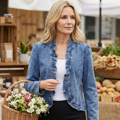 📢📢50 % RABATT !! ⏰Damen-Jeansjacke mit Rüschenbesatz und offenem Vorderteil – Leicht und feminin – Vielseitig und schick