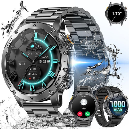 Herren Smartwatch im Militärstil mit 1100‑mAh‑Akku, 1,7‑Zoll‑AMOLED‑Display, LED‑Taschenlampe, IP68 wasserdicht, Fitnessuhr mit Telefonfunktion, über 110 Sportmodi, Herzfrequenz /Schlafüberwachung, kompatibel mit iOS und Android