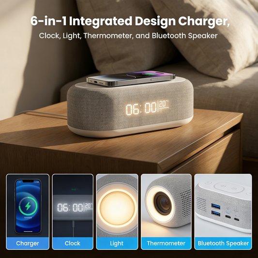 🌞Frühlingserwachen: 50% Rabatt!🔋6-in-1 Kabellose Ladestation 25W – Uhr, Wecker, Bluetooth-Lautsprecher & Nachtlicht | All-in-One für den Nachttisch!