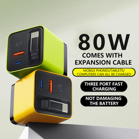 ✨⚡3-in-1-GaN-Ladegerät, 80 W MAX skalierbares Schnelllademodul mit Typ-C-Kabel und 2 USB-Anschlüssen