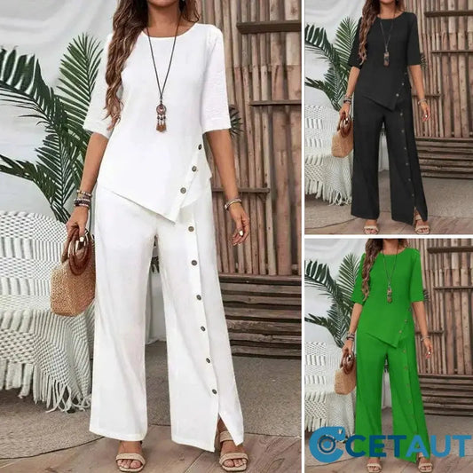 ⏳Begrenzte Zeit 50% Rabatt💥Zweiteiliges Damen-Set aus Top mit asymmetrischem Saum und Hose mit weitem Bein