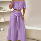 Zweiteiliges Set aus Off-Shoulder-Oberteil mit Puffärmeln und weiten Hosen – Elegant, bequem und perfekt für Sommertage ☀️