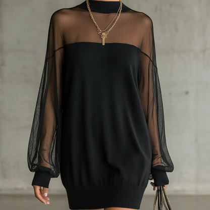 🔥Solange der Vorrat reicht 50 % Rabatt!🎉Minikleid mit transparentem Mesh-Einsatz und Stehkragen