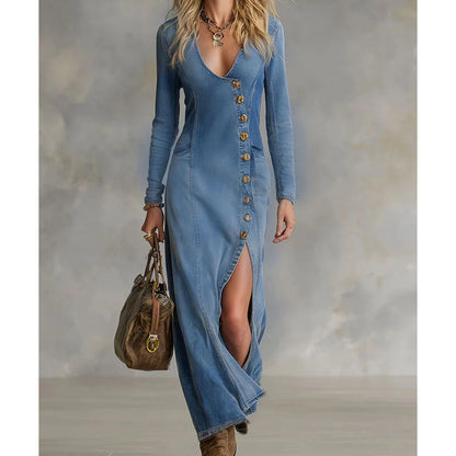 🐋Neu eingetroffen – 50 % reduziert!🥰Langärmliges Maxikleid mit V-Ausschnitt für Damen – Weicher Stoff, figurbetonte Passform & eleganter hoher Schlitz👗