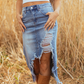 🔥Solange der Vorrat reicht 40 % Rabatt!🎉Damen-Hochbund-Ripped-Denim-Midi-Rock