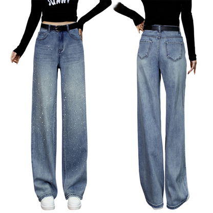 ✨ 2026 Frühling: Damen Weitbein-Jeans mit Strasssteinen – Hoher Bund, Schlankmachend & Funkelnd – Für Alltag & Party, S-2XL