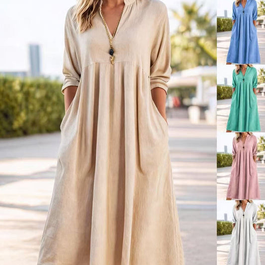 ✨Damen Freizeit V-Ausschnitt Midi Kleid mit Taschen💞