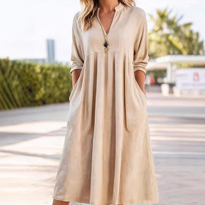 ✨Damen Freizeit V-Ausschnitt Midi Kleid mit Taschen💞