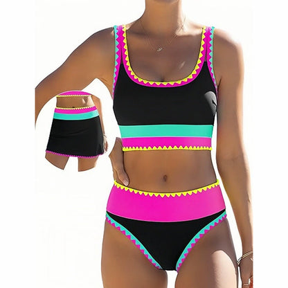 👙 50% RABATT! 🌊 3-teiliges Damen Bikini-Set – Hohe Taille, Color-Block & Zickzack-Design, Perfekt Für Strand & Urlaub 🌸