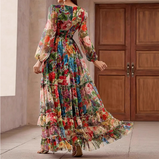 👗 50% RABATT! 🌸 Romantisches Blumenkleid mit V-Ausschnitt & Laternenärmeln – Elegant, Fließend & Perfekt Für Besondere Anlässe ✨
