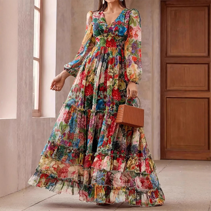 👗 50% RABATT! 🌸 Romantisches Blumenkleid mit V-Ausschnitt & Laternenärmeln – Elegant, Fließend & Perfekt Für Besondere Anlässe ✨