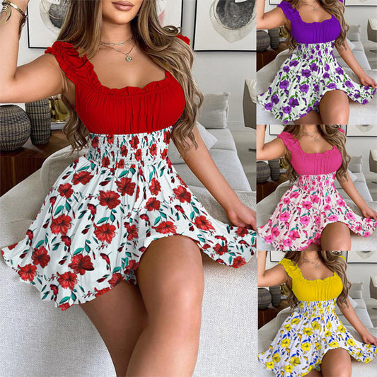✨🌸Sommer-Minikleid mit Blumenmuster und geraffter Taille