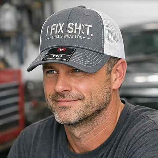 🧢 AKTION: 50% RABATT AUF ALLE CAPS! ✨ Trucker-Cap mit „I Fix Shit“-Stickerei – Atmungsaktives Mesh, Sonnenschutz & Verstellbar 🛠️