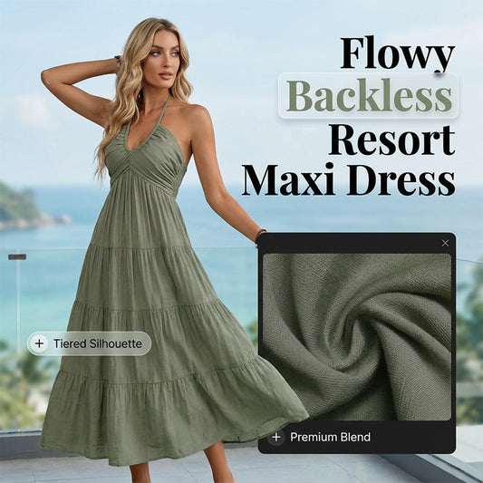 🌴 NUR FÜR BEGRENZTE ZEIT: 50 % RABATT! 👗 Maxikleid für Damen mit Neckholder und rückenfreiem Ausschnitt – gestuft, fließend, im Resort-Stil 🌺