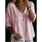 👚 NUR FÜR KURZE ZEIT: 50 % RABATT! ✨ Damen-Top mit V-Ausschnitt und Spitzenbesatz – im Boho-Stil, Empire-Taille, 3/4-Ärmel 🌼