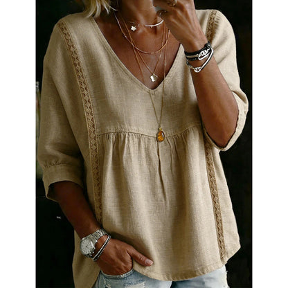 👚 NUR FÜR KURZE ZEIT: 50 % RABATT! ✨ Damen-Top mit V-Ausschnitt und Spitzenbesatz – im Boho-Stil, Empire-Taille, 3/4-Ärmel 🌼