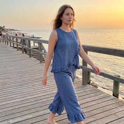 ☀️Sommerliches Set aus ärmelloser Bluse und Hose mit Rüschen am Saum✨