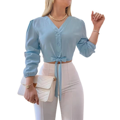 ✨🔥Elegantes Damenoberteil mit V-Ausschnitt und Bindegürtel