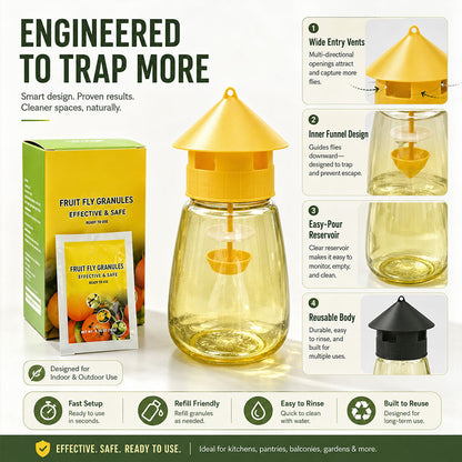 ❄️Sommerfrische 50% Rabatt!🌿Wiederverwendbare Fliegenfalle mit Lockstoff – Insektizidfreier Fruchtfliegenfänger für Küche, Terrasse & Garten