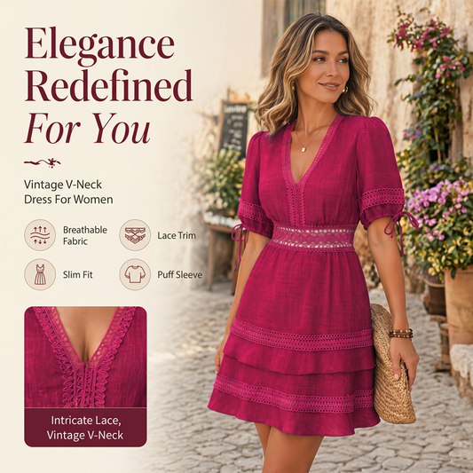 💃🔥Damenkleid mit V-Ausschnitt, Spitze und gestuften Rüschen