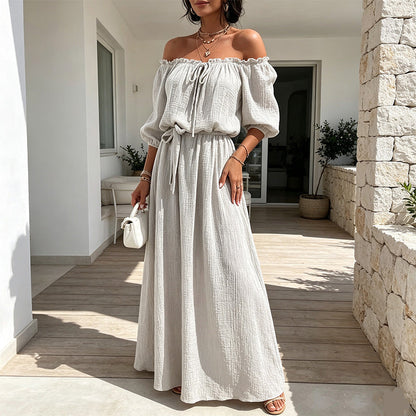 Damen Off-Shoulder Maxi-Kleid mit Taillengürtel 🌸 Freie Schultern, Tailliert – Eine Romantische Silhouette für Sonnige Tage ✨